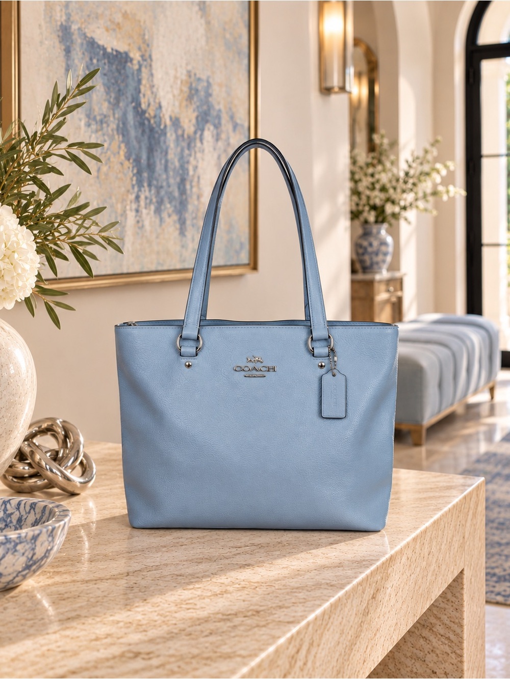 COACH Bay Tote in Cornflower Blue Pebbled Leather 2018/F48637